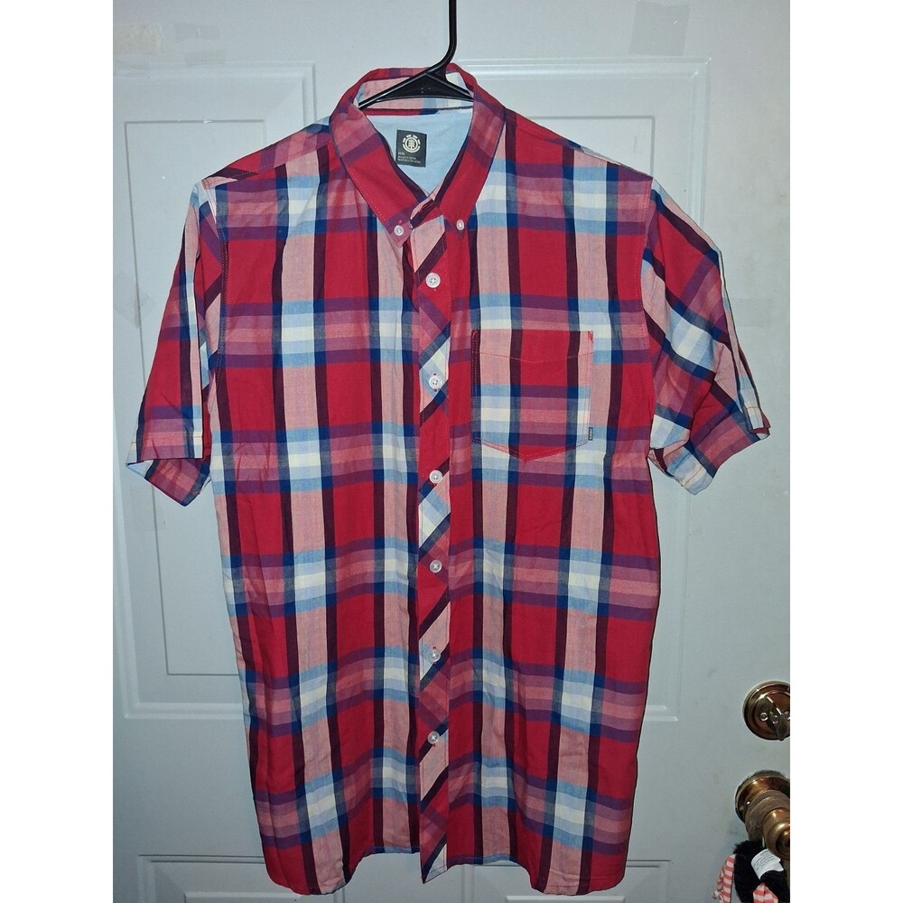 Element Mens Medium Red Blue Plaid Button Up Shirt Short Sleeve 100% Cotton...